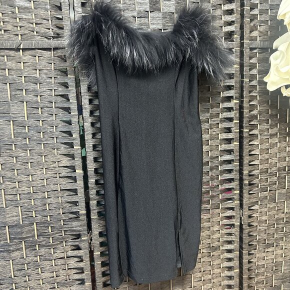 Native Daughters Black Fur Neckline Mini Dress Size Medium - Picture 6 of 6
